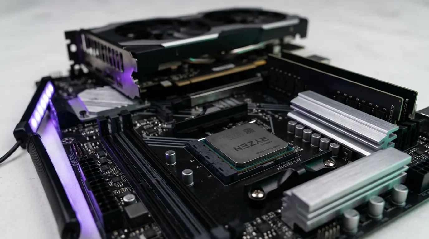 AMD Ryzen 5 5500F processor and AM4 motherboard representing a budget DDR4 gaming PC upgrade