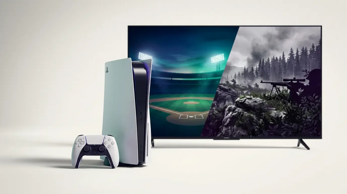 PlayStation Plus September games represented by a console, baseball stadium and sniper landscape