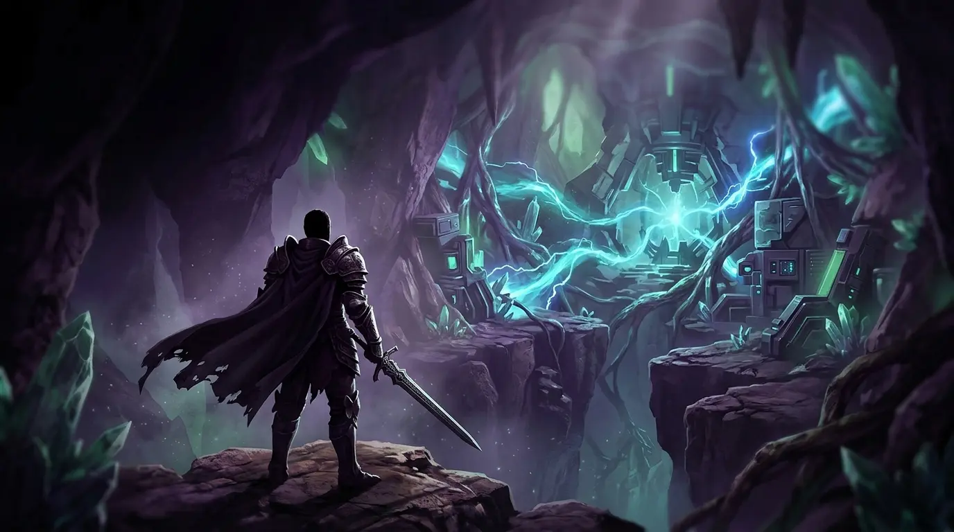 Armored commander overlooking a glowing ley-energy cavern in Guild Wars 2's finale