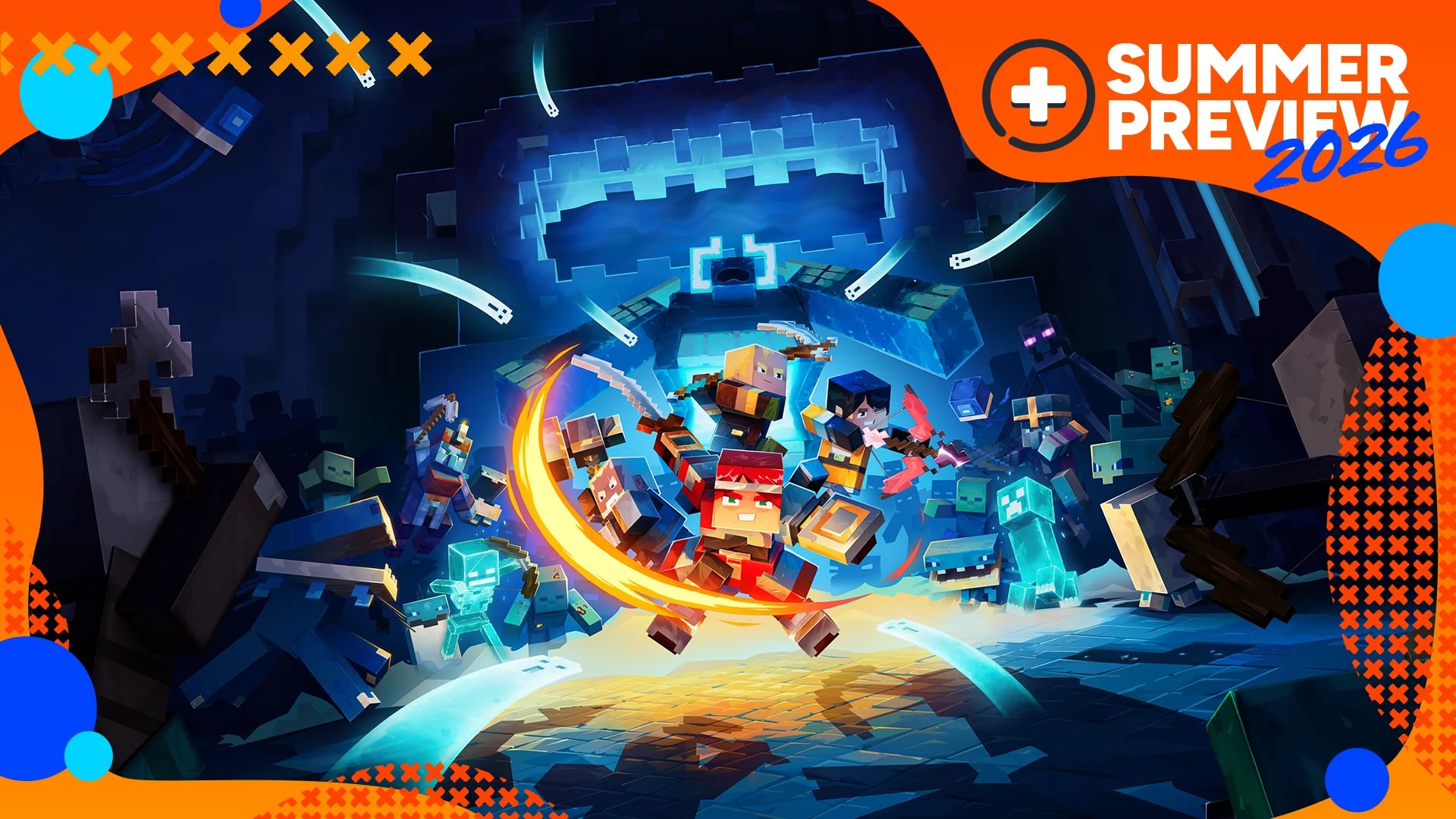 Promotional art for Minecraft Dungeons 2 featuring characters fighting monsters with a Summer Preview 2026 badge.
