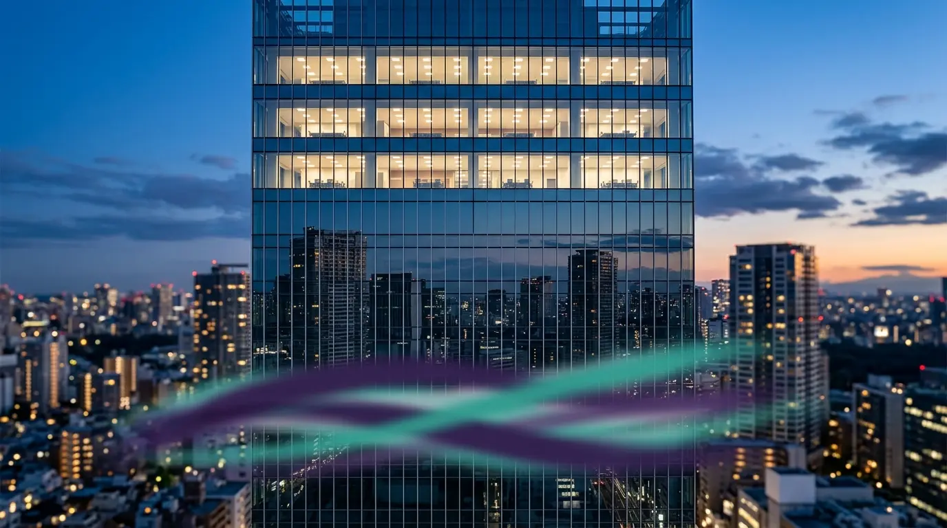 Modern glass publisher headquarters at dusk with subtle purple and teal market-inspired reflections