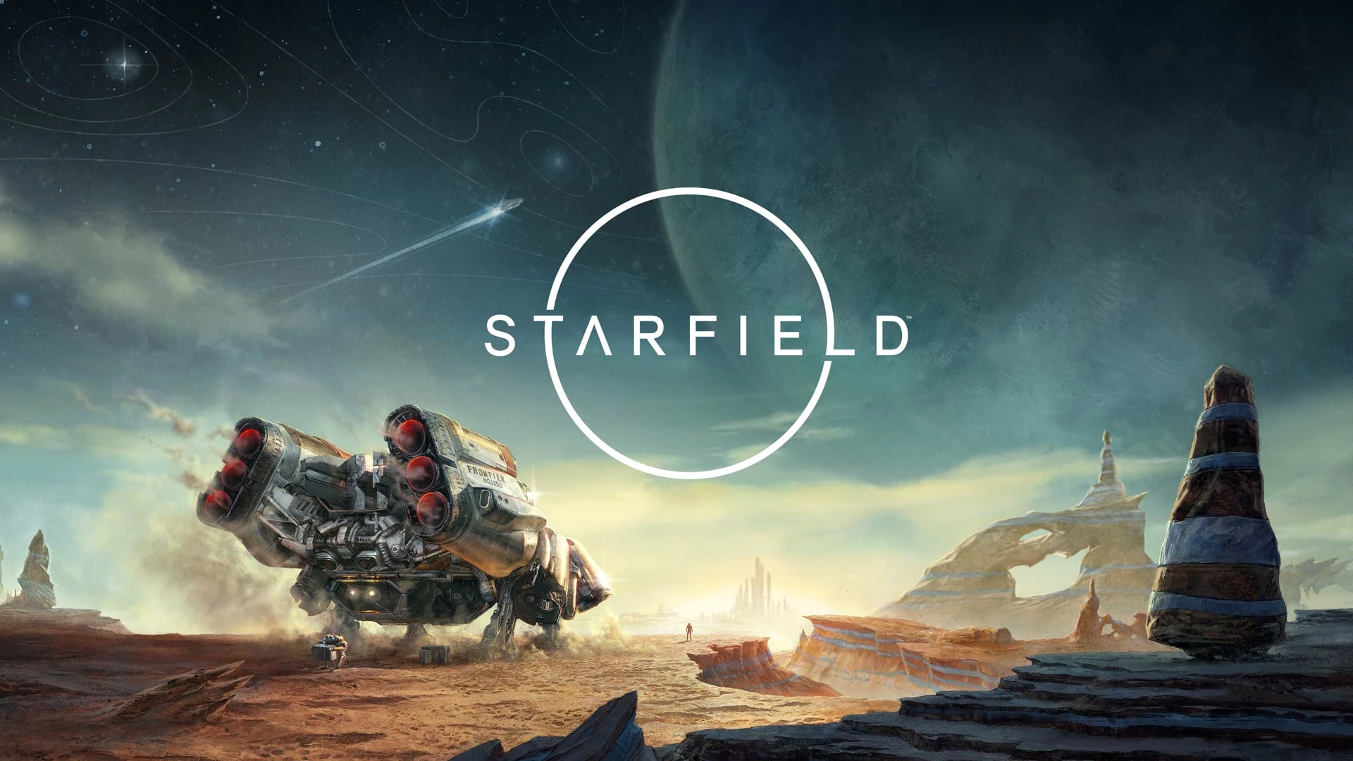 Official Starfield key art featuring a spaceship landed on an alien planet with the game logo.
