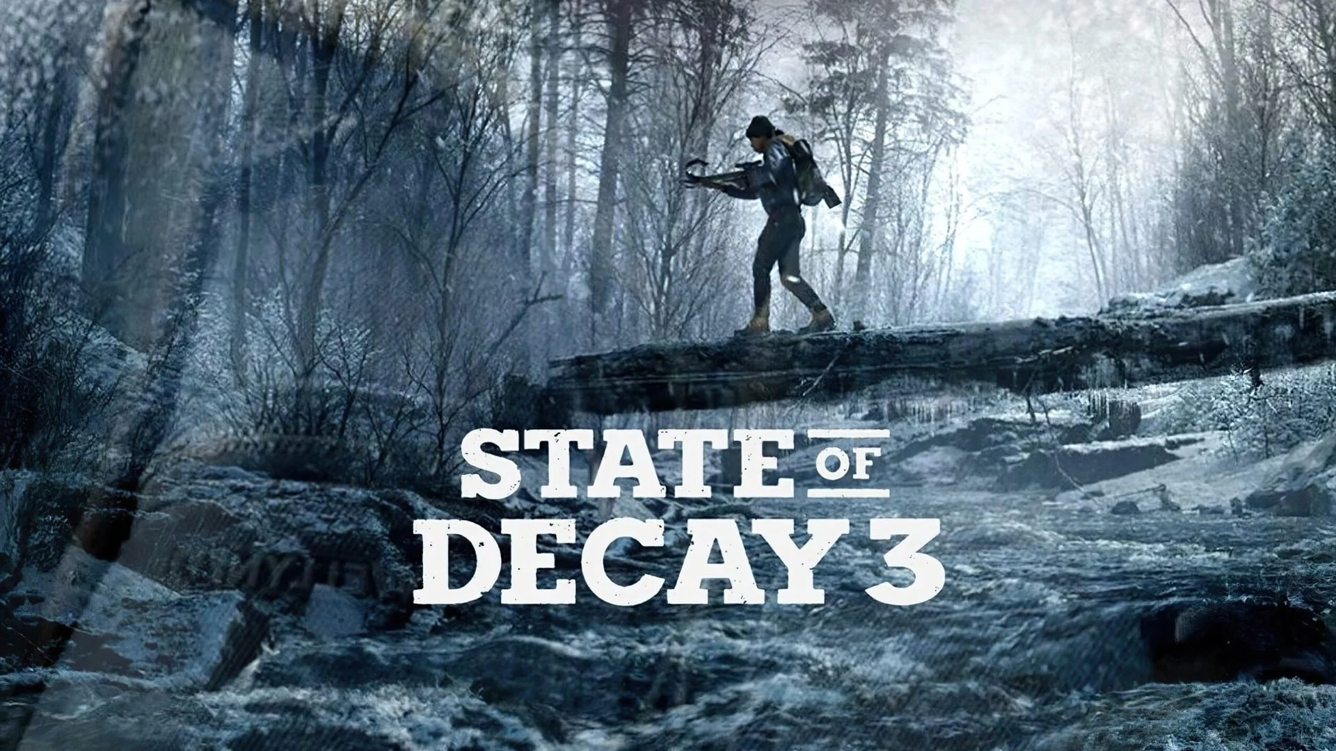 Key art for State of Decay 3 showing a survivor with a weapon crossing a fallen log in a snowy forest.