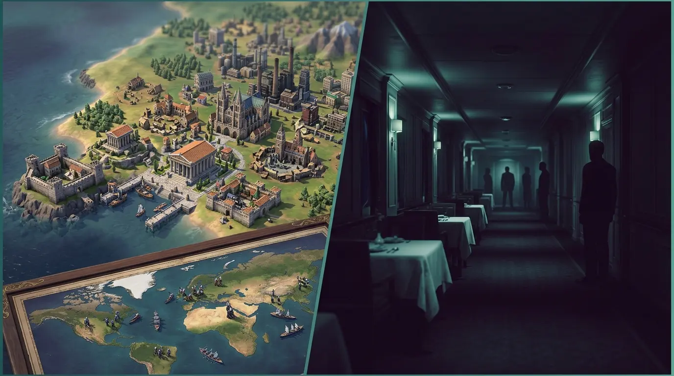 Civilization strategy map and tense luxury-liner scene representing Steam's free weekend games