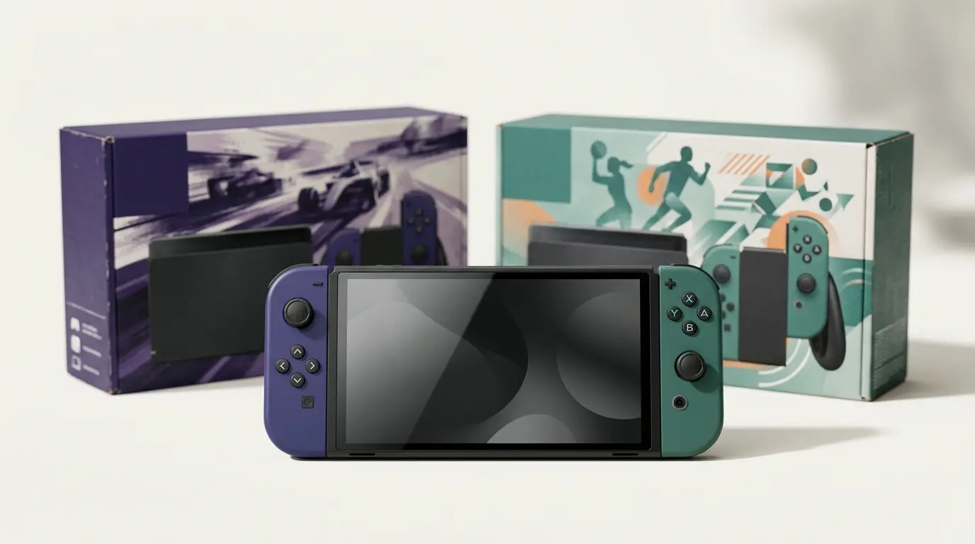 Nintendo Switch 2 console displayed with two game bundle packages in a clean editorial product scene