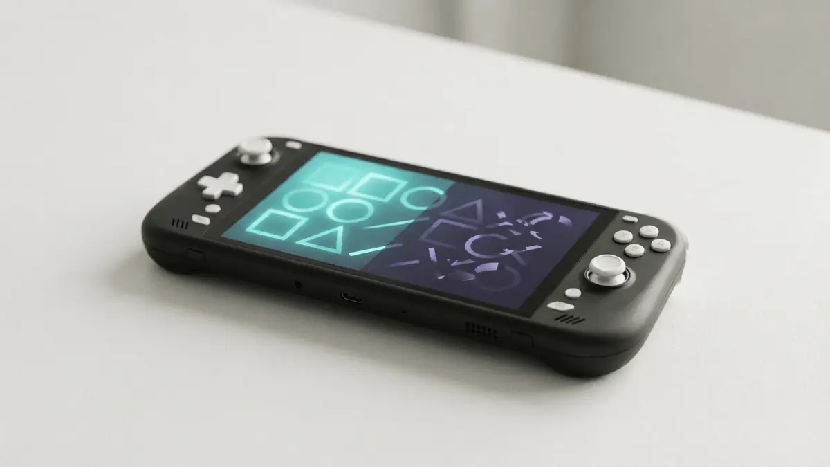 Handheld gaming console showing an abstract visual for Switch 2 compatibility fixes and remaining issues