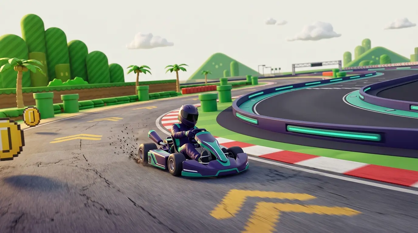Kart racing on a retro-inspired course in a Mario Kart World content update