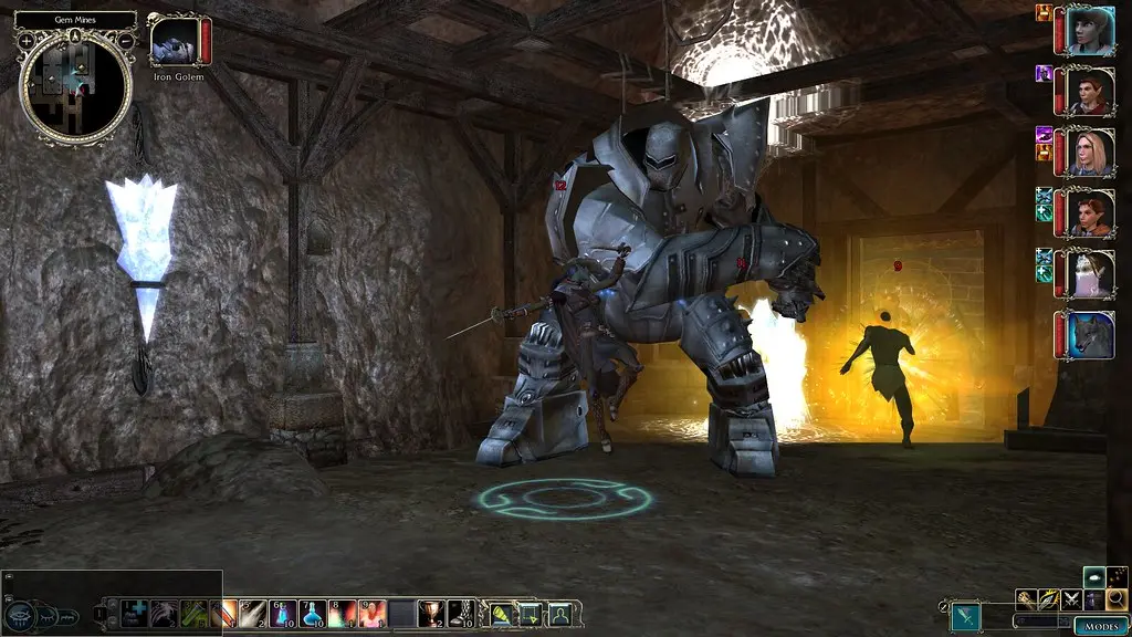 Gameplay screenshot of The Elder Scrolls Online featuring a player character facing an Iron Golem in a stone chamber.