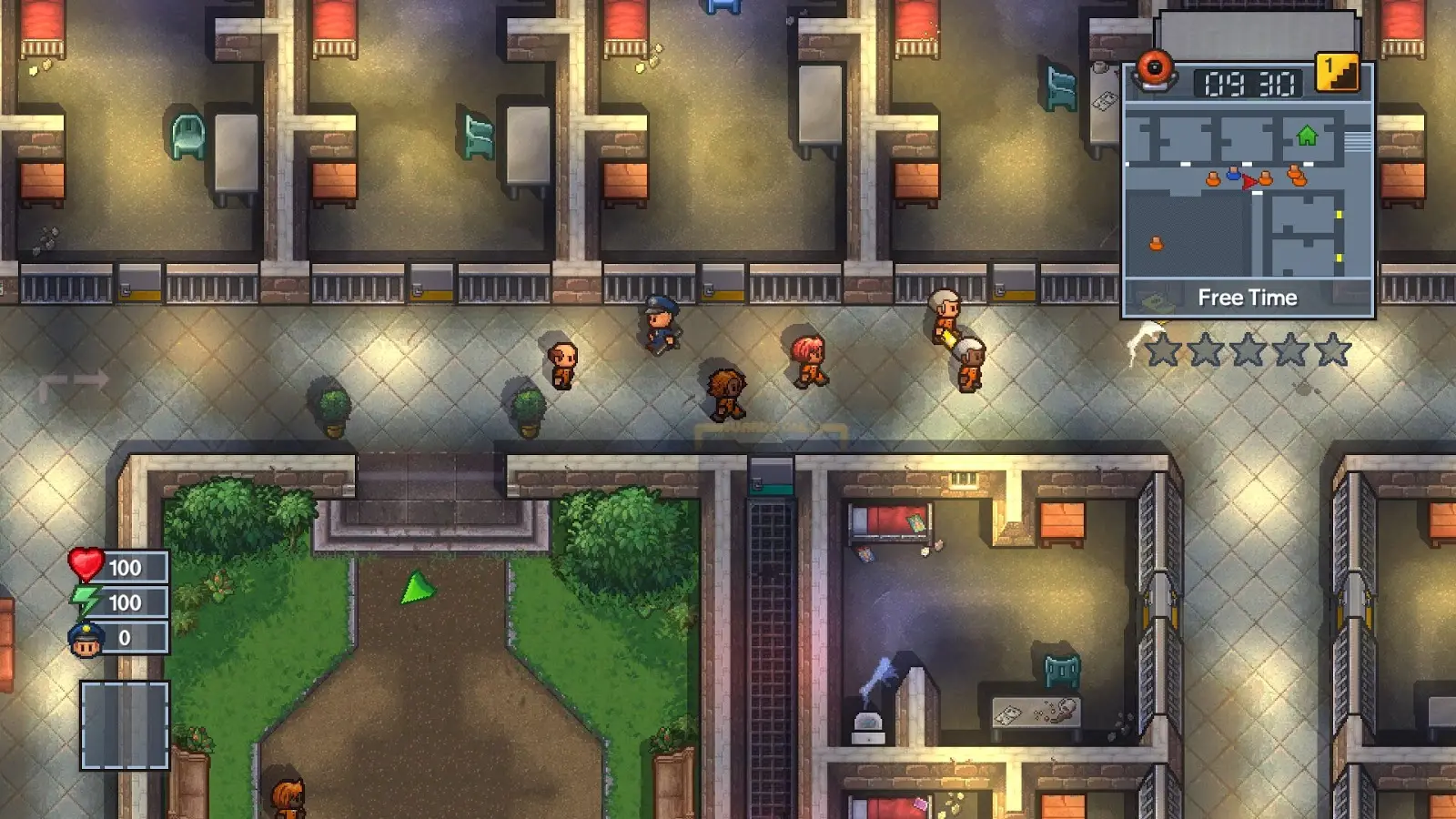 Top-down gameplay view of The Escapists 2 showing prison cells, a hallway with characters, and a map interface.