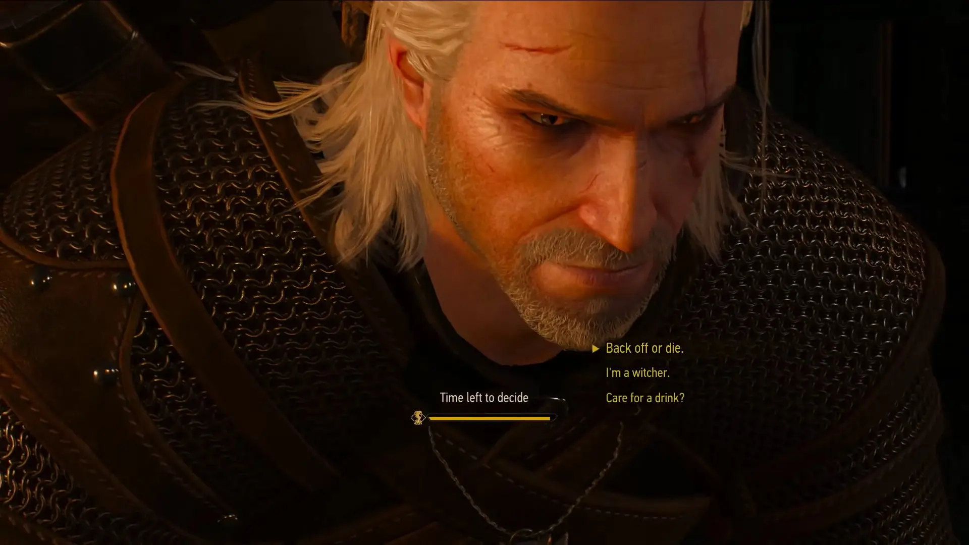 A close-up of Geralt of Rivia in The Witcher 3: Wild Hunt with dialogue options displayed on screen.