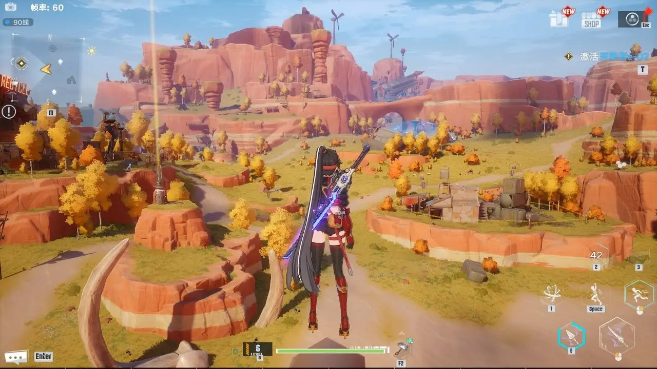 Third-person gameplay view of a character in a desert landscape with red rock formations in Tower of Fantasy.