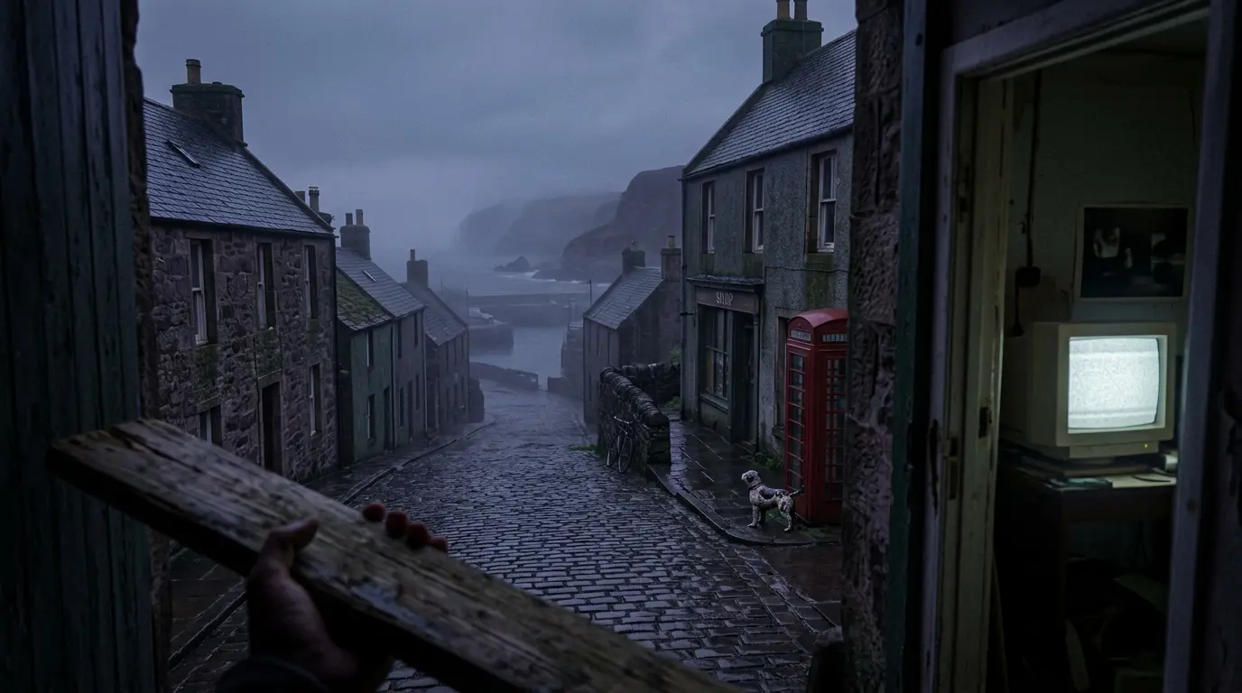 Foggy Scottish seaside street with a CRT monitor and wooden plank inspired by Silent Hill: Townfall