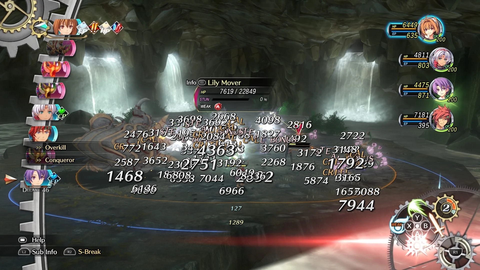 Gameplay screenshot of Trails in the Sky 2nd Chapter showing a combat encounter with various characters and damage numbers.