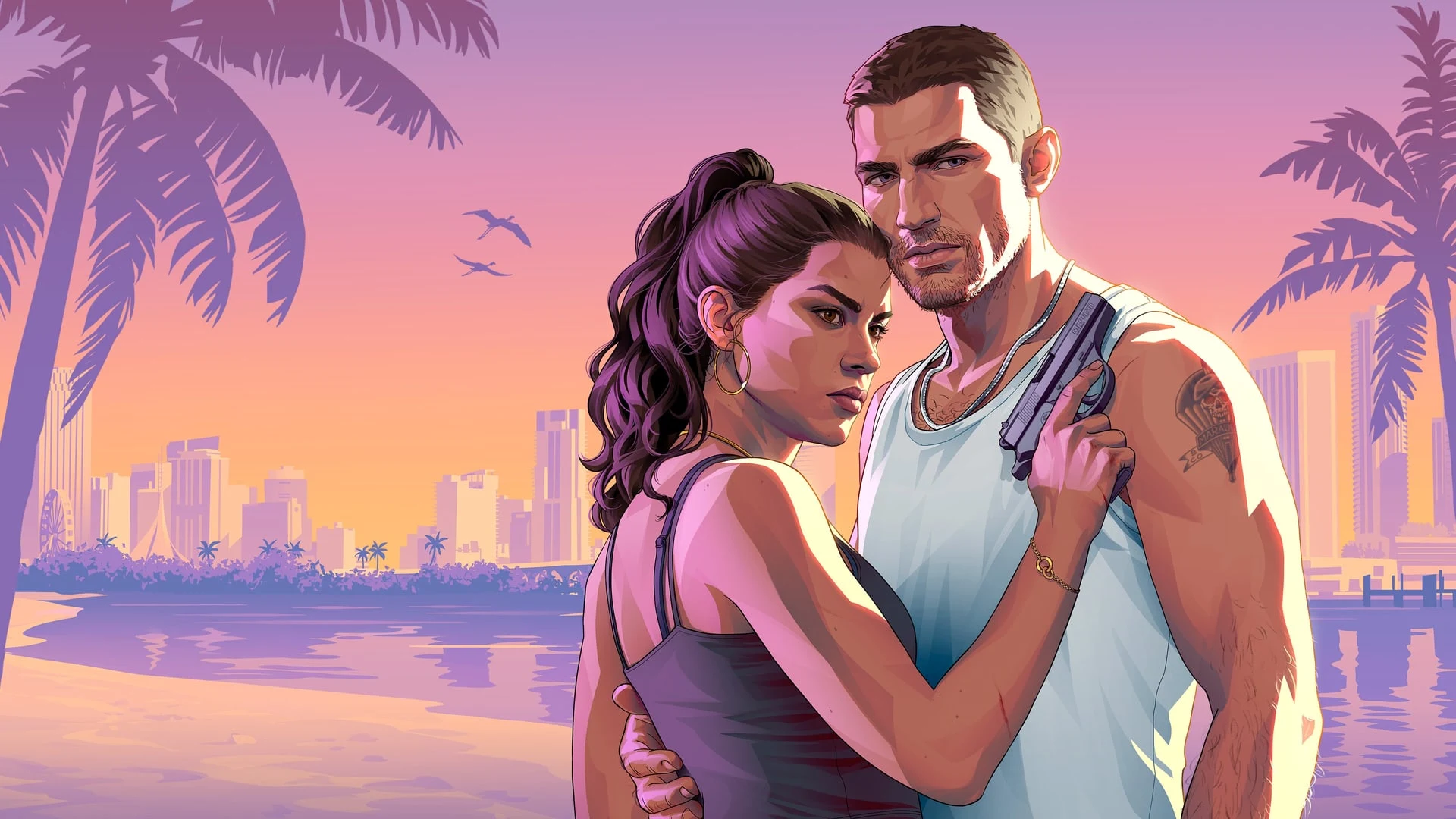 Official key art for Grand Theft Auto VI featuring a man and woman embracing on a beach at sunset.