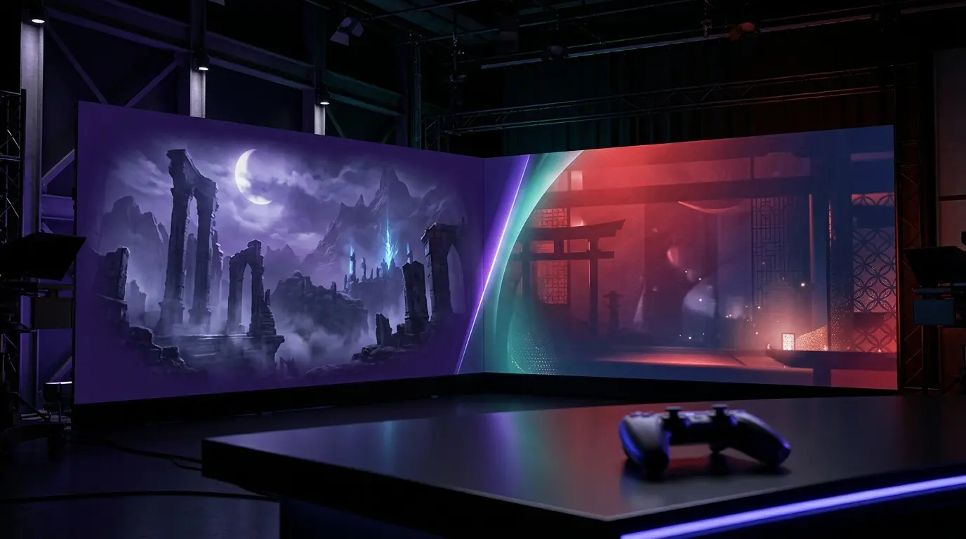 PlayStation controller and two-stage broadcast setup representing back-to-back gaming showcases