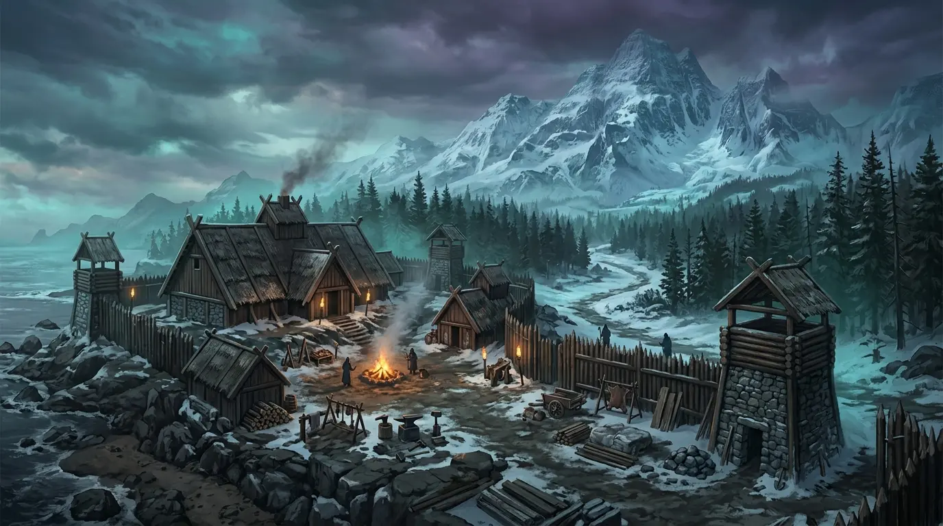 Cinematic Nordic survival settlement beneath snowy mountains in Valheim’s continuing post-1.0 world