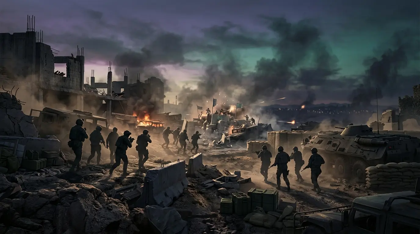 Wardogs multiplayer battlefield with soldiers, vehicles and defensive structures during a large-scale objective match