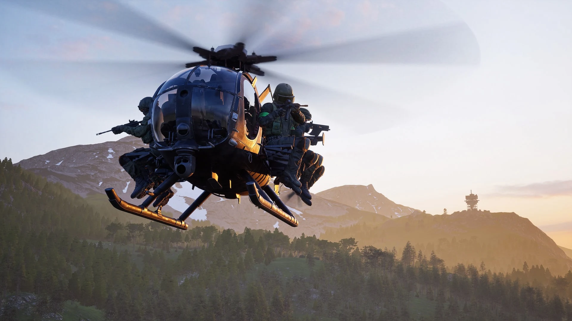 A military helicopter with soldiers flying over a mountainous landscape at dawn in the game Wardogs.