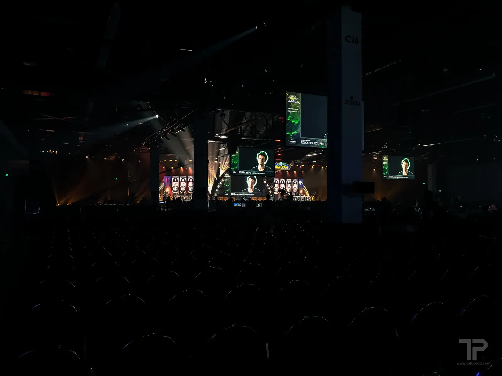 A large screen displaying World of Warcraft gameplay during the Arena World Championship 2017.