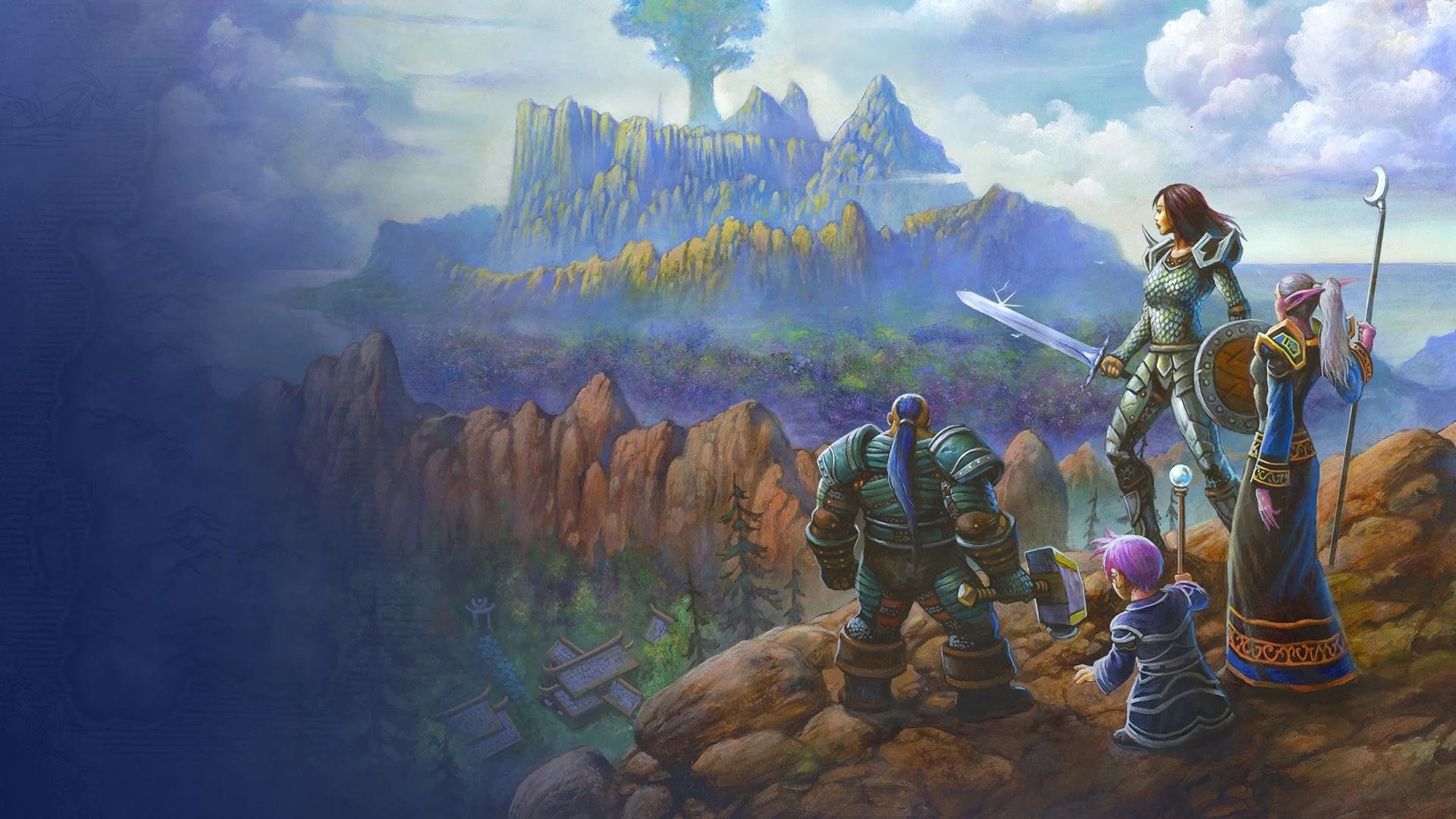 Official key art featuring a group of adventurers looking out over a vast landscape towards a giant tree.
