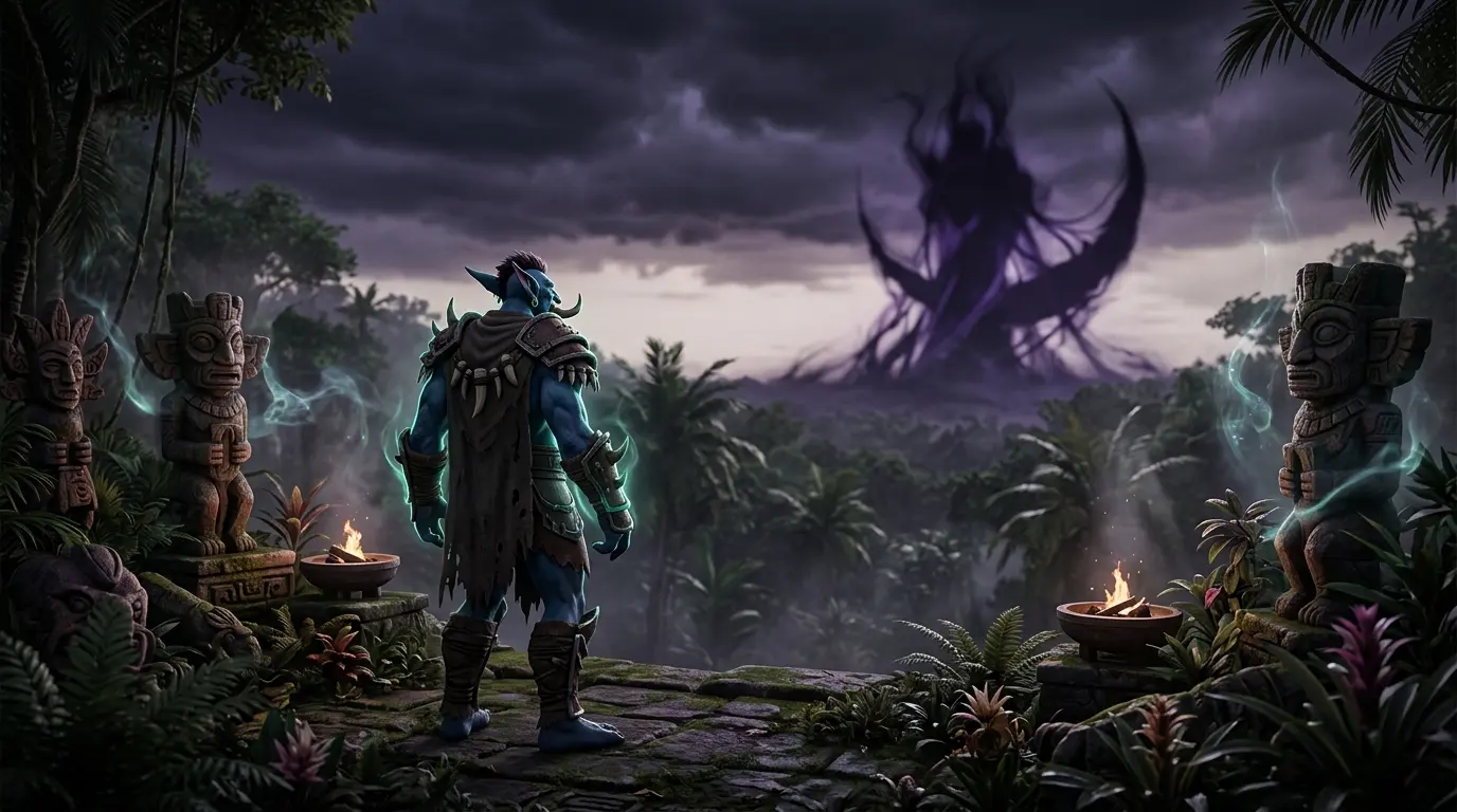Troll warrior overlooking an ancient jungle temple as a violet Void threat looms in the distance