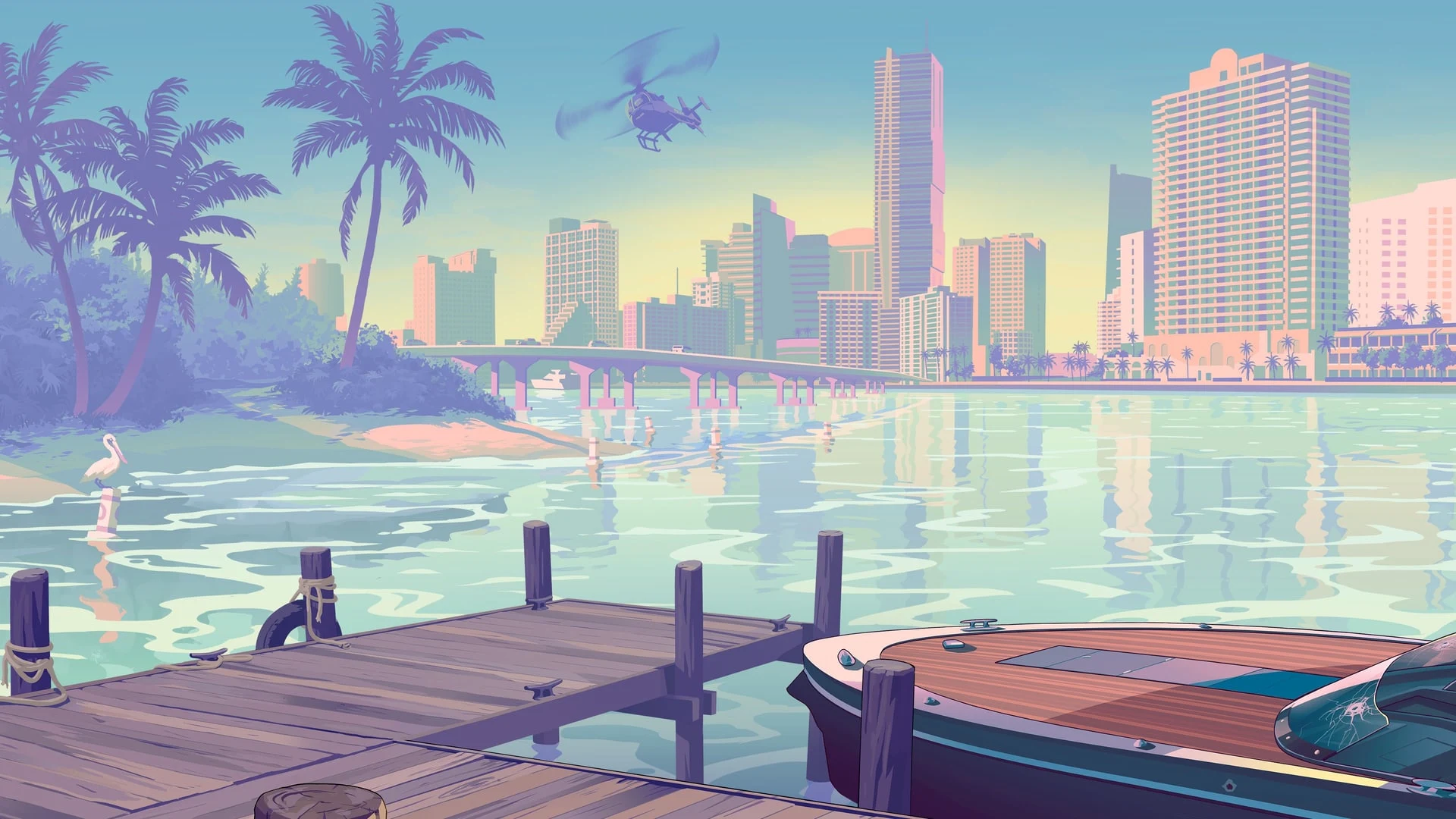 Official key art for Grand Theft Auto VI showing a coastal city skyline with palm trees and a boat at a dock.