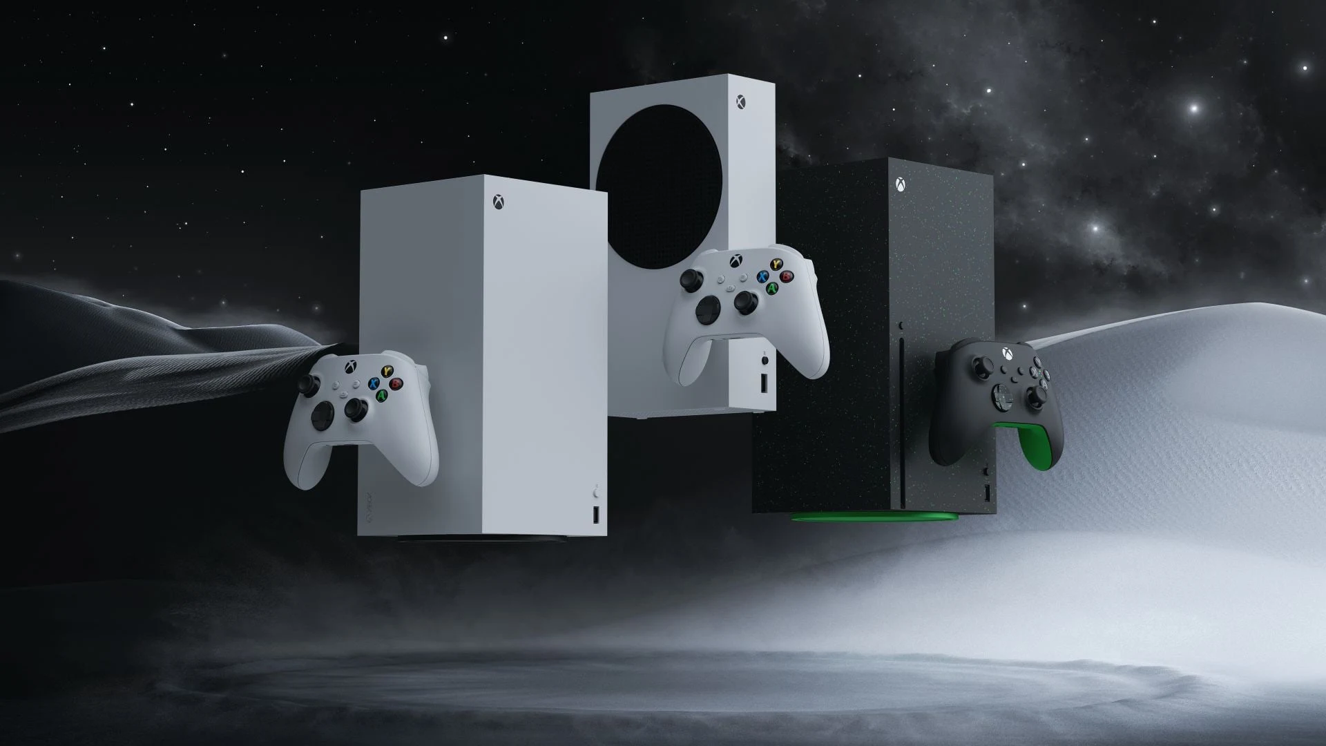 Three Xbox Series X consoles in white and black colors with matching wireless controllers against a space background.