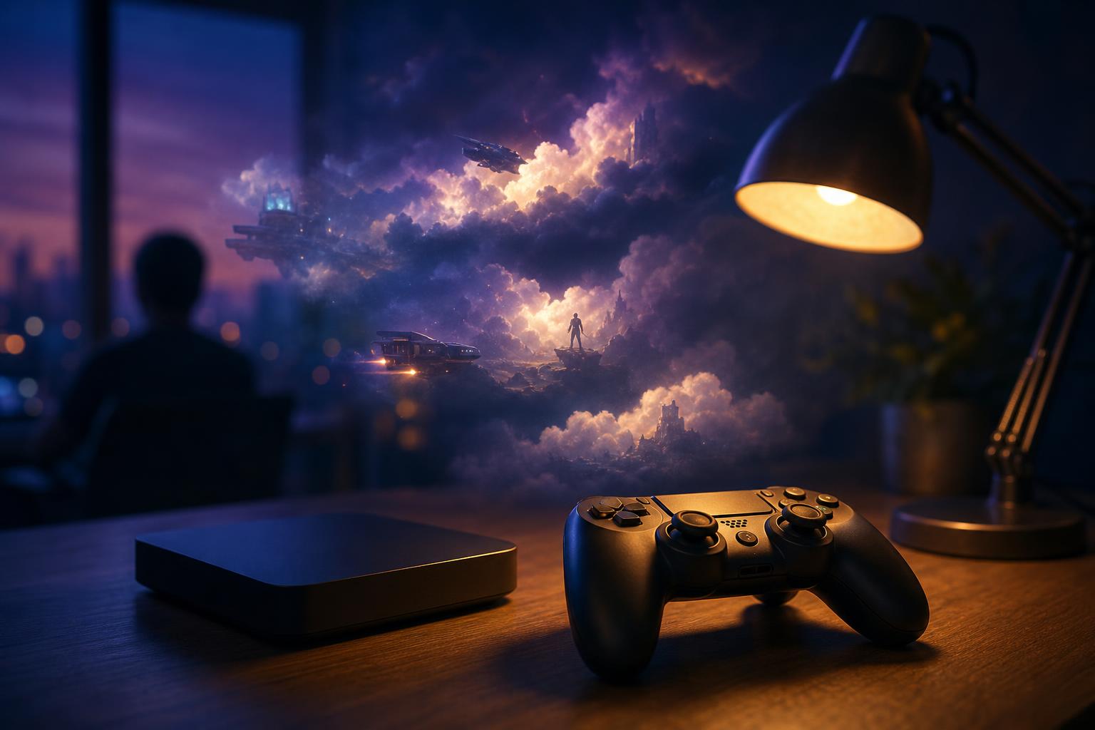 A controller on a desk beneath softly lit cloud shapes suggesting streamed playtime