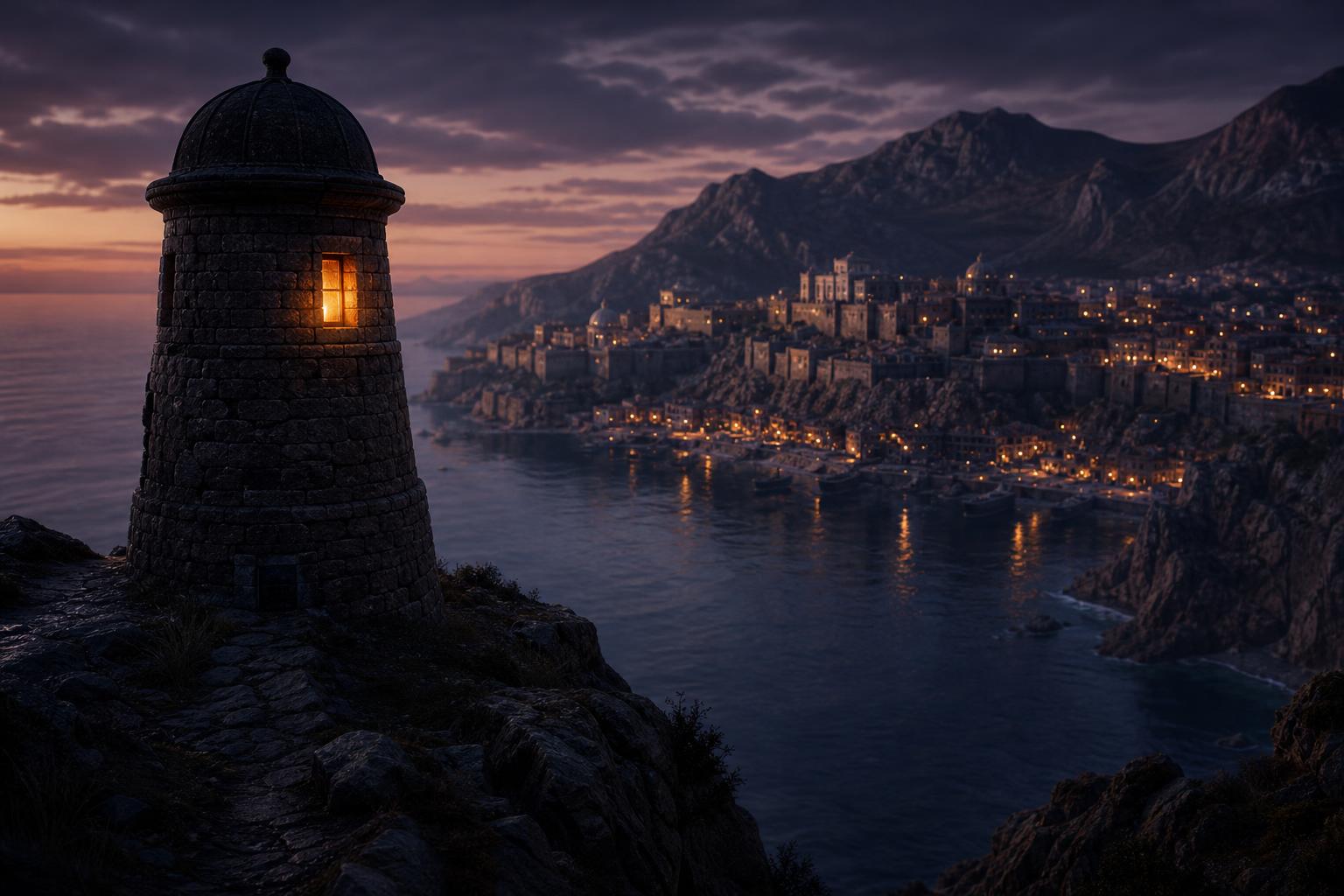 A stone watchtower on a cliff overlooking a rocky bay at dusk, a fortified harbor city on a headland behind it, evoking the Elder Scrolls VI teaser's Hammerfell coastline.