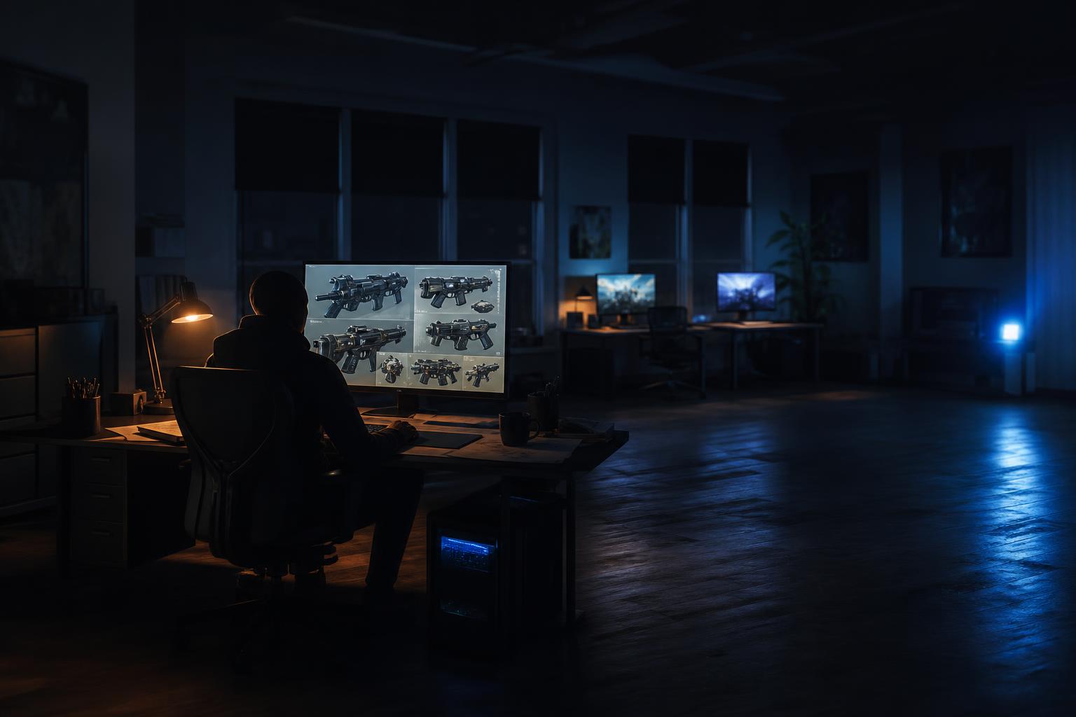 A lone developer at a glowing monitor in a small, partly emptied game studio office at night, reviewing sci-fi weapon concept art, illustrating the small team now building John Romero's new FPS.