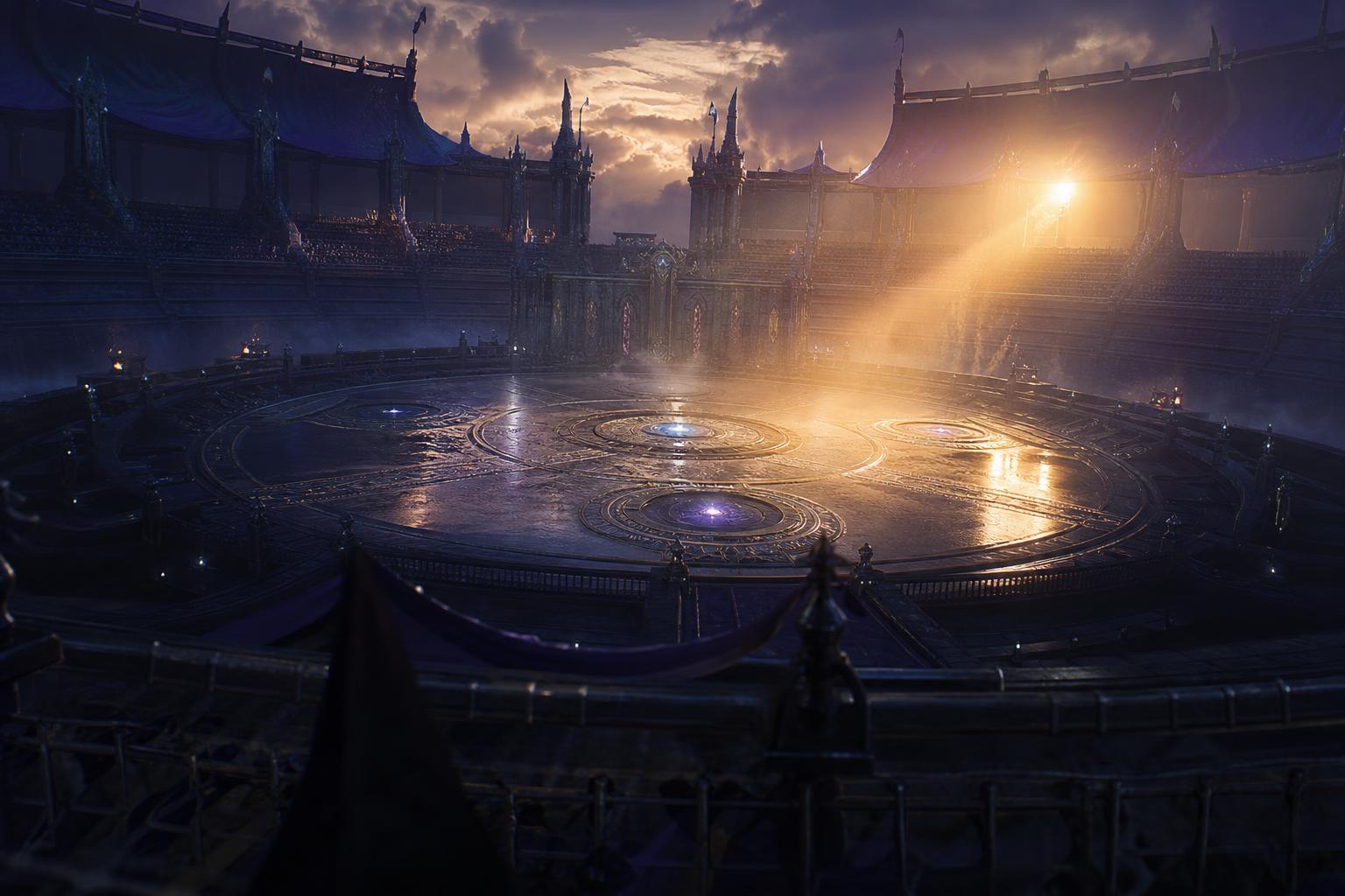 An empty fantasy battle arena under floodlights at dusk, representing the Pokémon UNITE shutdown.