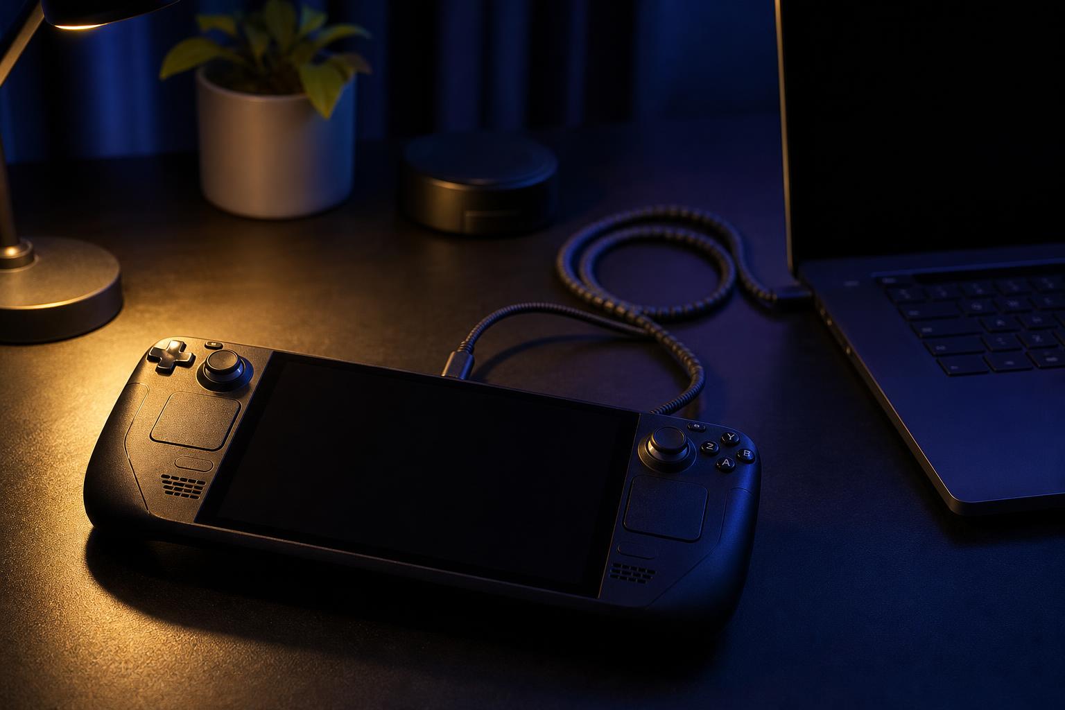 A hybrid handheld gaming console with a dark screen on a night desk, lit by a warm lamp.
