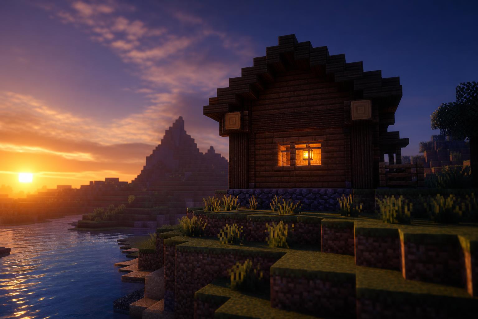 A blocky voxel landscape at dusk with a cube-built cabin and river, evoking a Minecraft-style world on Nintendo Switch 2
