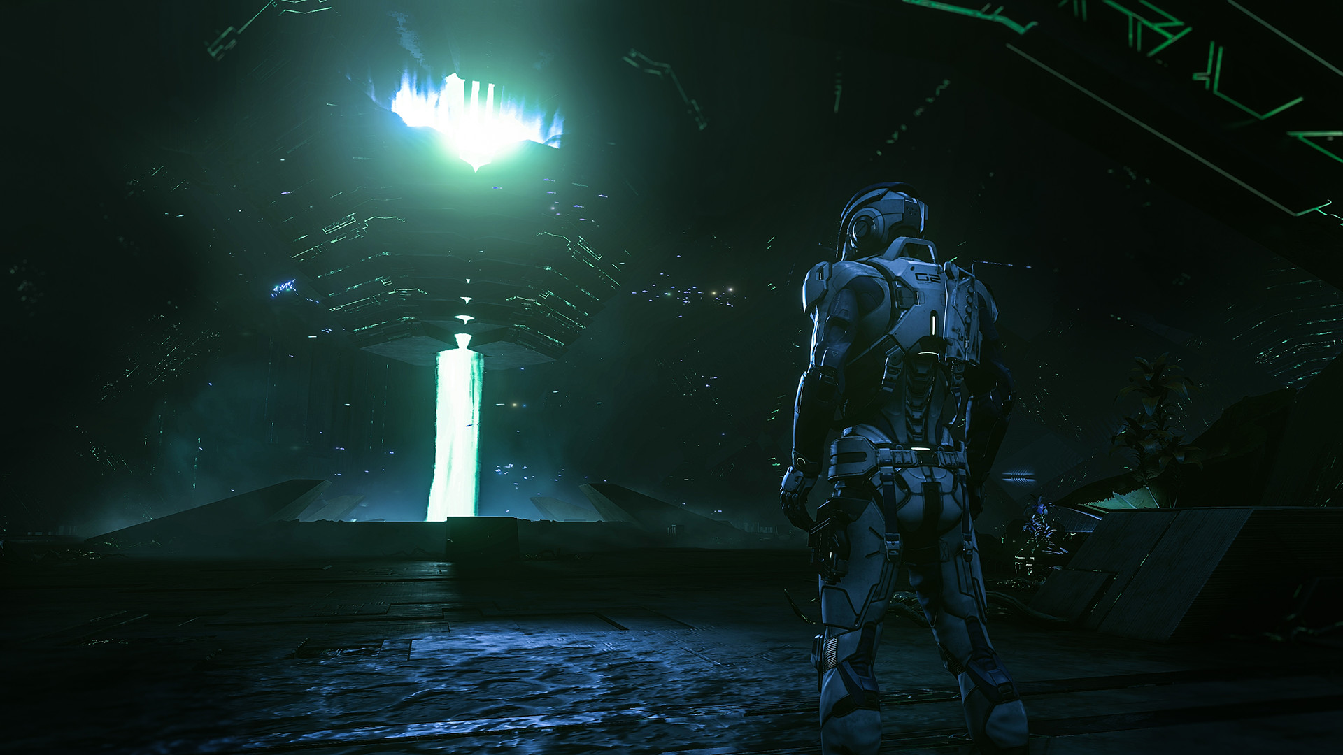 Mass Effect: Andromeda in-game scene showing characters on an alien planet