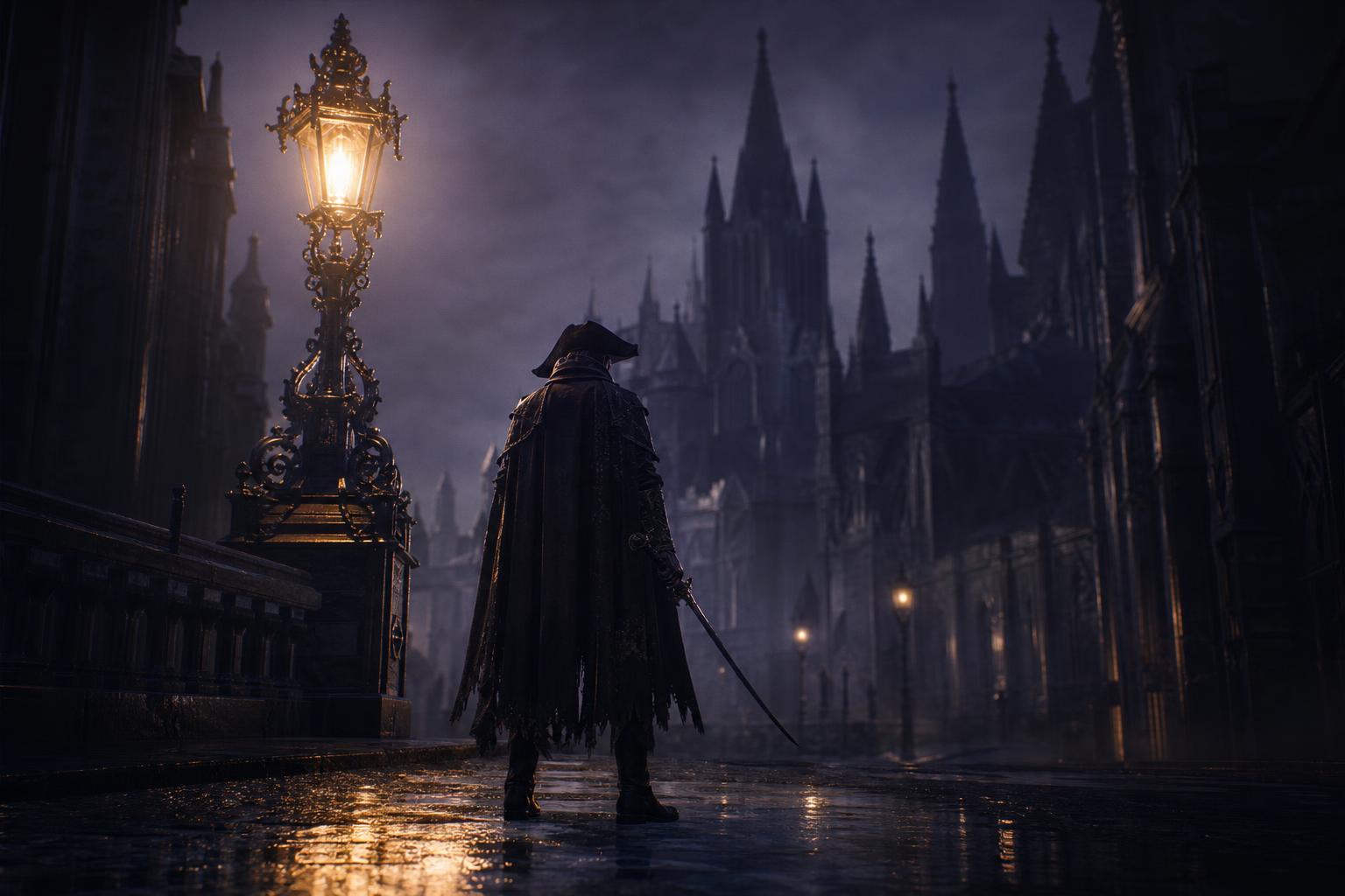 A lone cloaked duelist stands under a gaslight on a rainy gothic Victorian street, evoking The Duskbloods on Nintendo Switch 2.