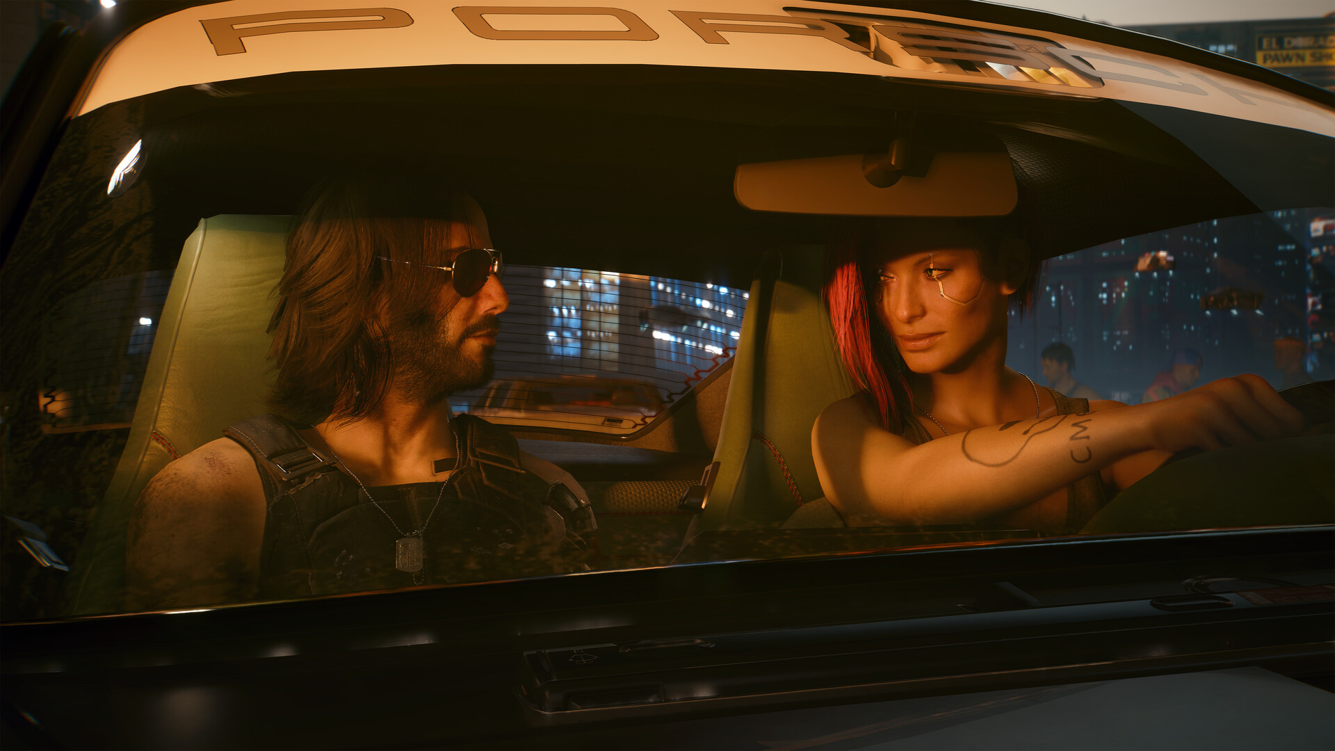 Cyberpunk 2077 gameplay screenshot showing V in a Night City shootout, the game whose Update 2.5 adds the Double Trouble dual-wield perk.