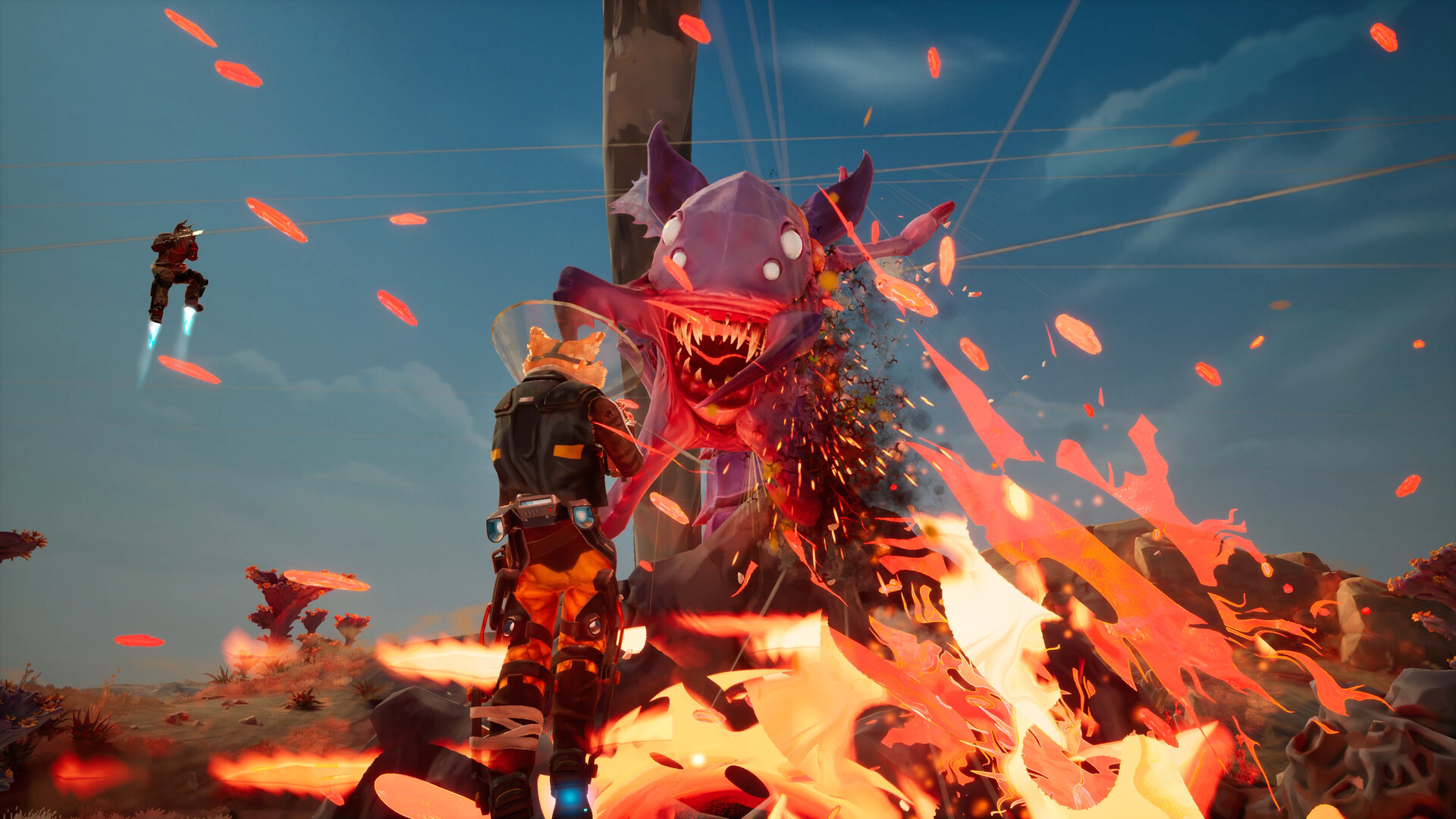 A screenshot from Gravhounds showing anthropomorphic dog characters in its colorful action-builder world.