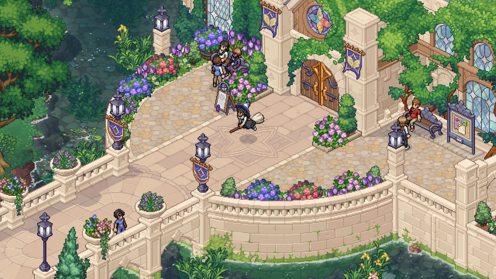 Witchbrook gameplay screenshot showing the seaside town of Mossport