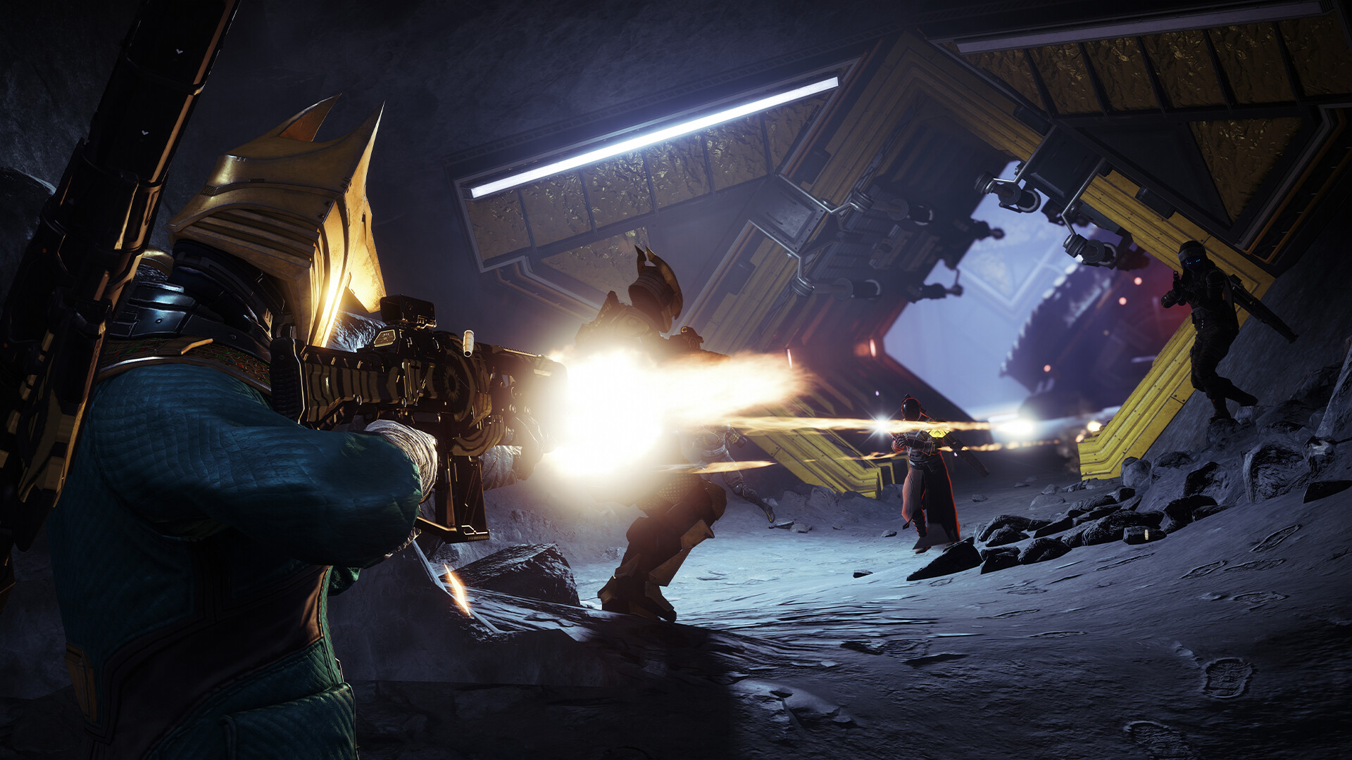 A Destiny 2 gameplay screenshot of Guardians in combat, from Bungie's official Steam press assets.