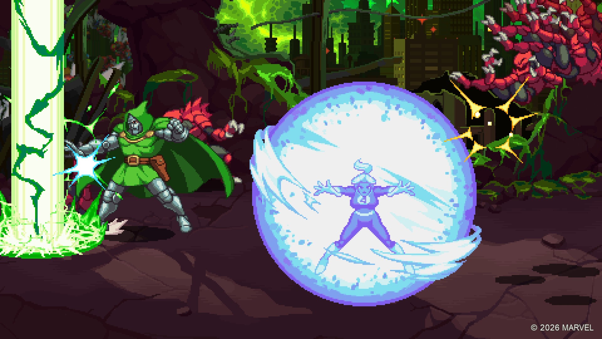 A scene from Marvel Cosmic Invasion: The Siege of Castle Doom, the second DLC, showing heroes fighting through Castle Doomstadt in the 2D beat 'em up style.